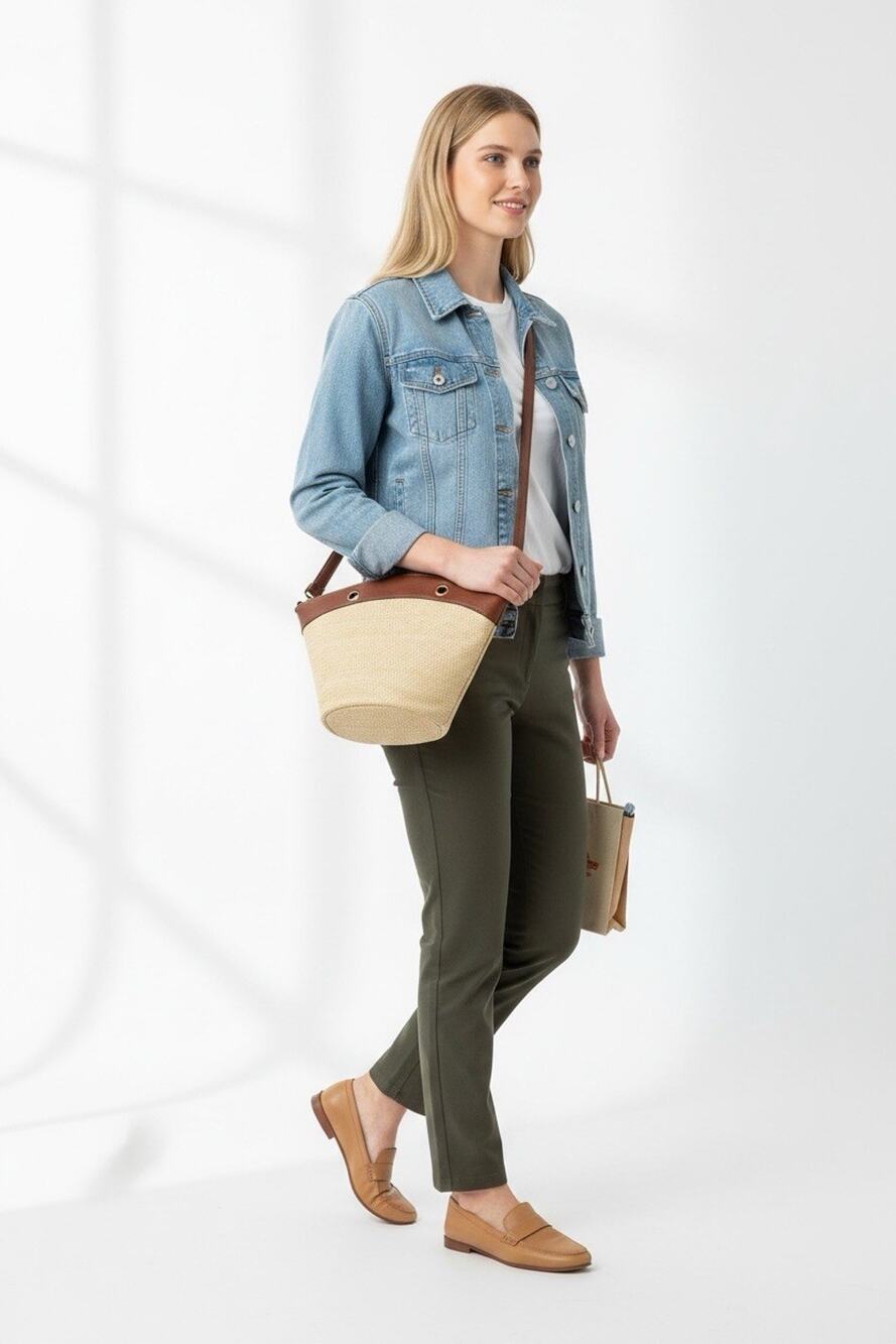 Kelly & Katie Ehteang Straw Satchel Crossbody Bag Tan Faux Leather Trim Preowned
